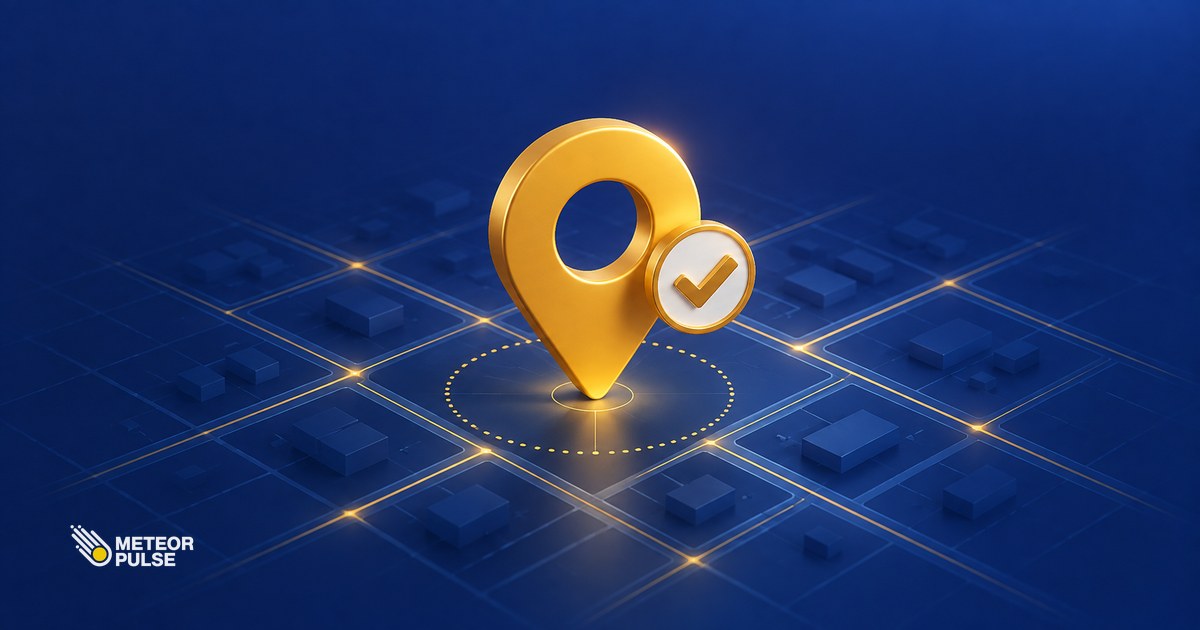 Gold map location pin with a verification checkmark badge on a city grid, representing Google Business Profile verification in Malaysia