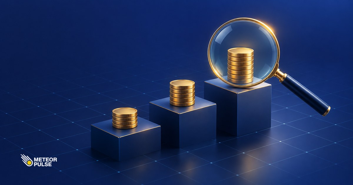 Three ascending platforms topped with gold coin stacks under a magnifying glass, representing SEO pricing tiers in Malaysia