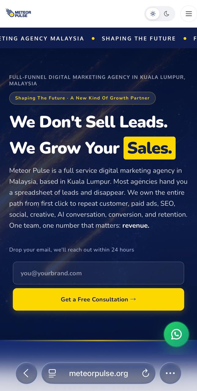 Meteor Pulse website — mobile view